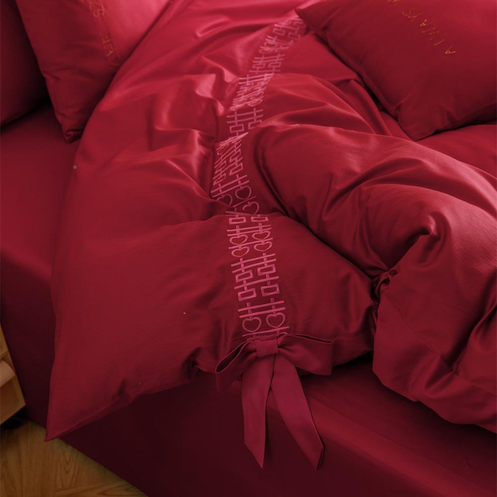 长绒棉结喜婚蝴字刺绣四件KJA套可浪漫拆卸蝶结纯棉被套床品