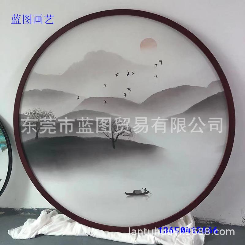 新中式玄关圆形装饰画led带灯茶室禅意屏风玄关发光水墨山水挂画