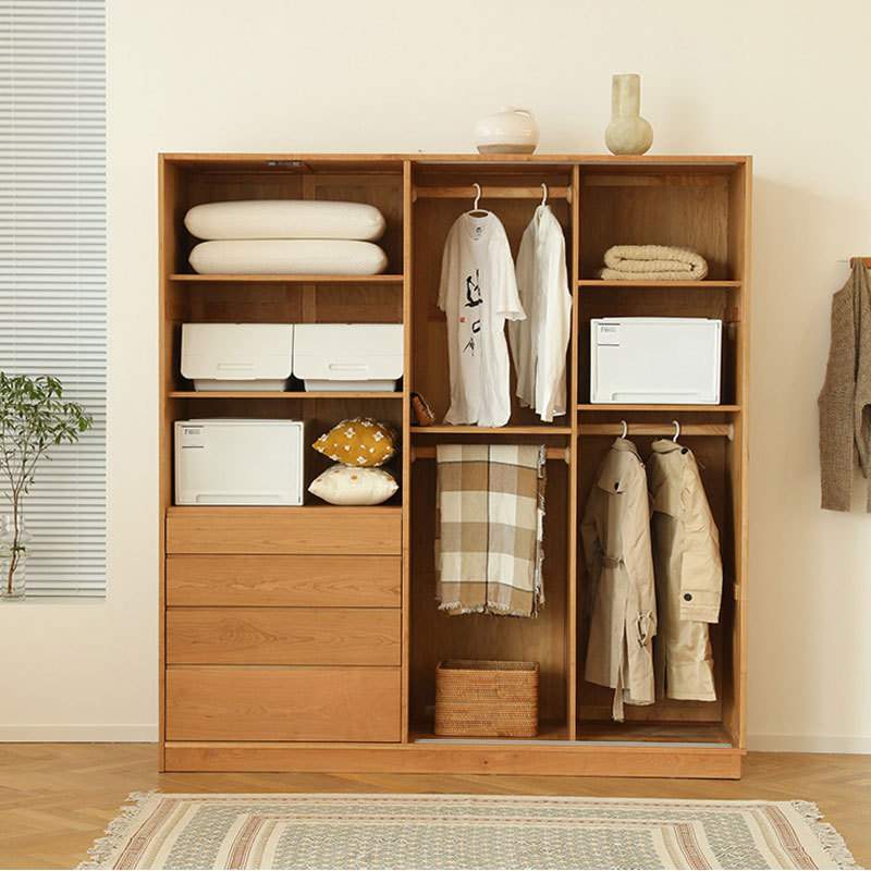 日式实木衣柜樱桃木北欧原木简约形推拉百叶门卧室衣橱家用储物柜
