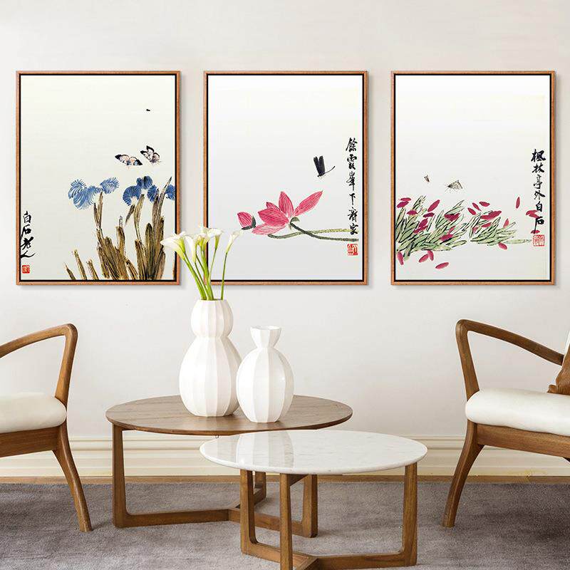 齐白石老人古韵中式装饰画有框画禅意简约书房挂画办公室玄关壁画