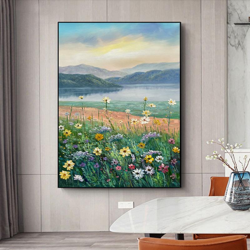 纯手绘风景油画客厅玄关壁画竖版大幅有框成品鲜花小清新北欧挂画