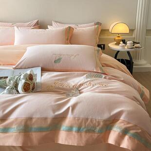 A类母婴级加厚纯棉磨毛四件套全棉刺绣轻奢风被套床笠