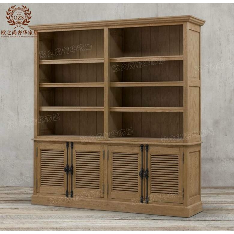 RH 美式乡村实木橡木书柜 法式复古做旧天地锁百叶书厨实木餐边柜