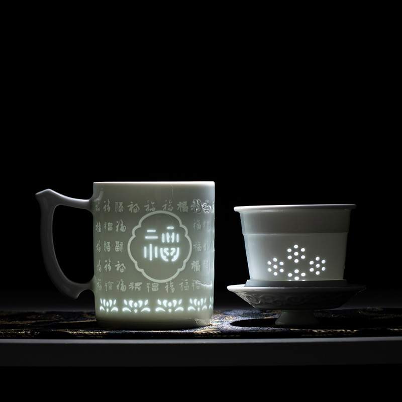 十二生肖影青玲珑雕刻办公杯男士办公室泡茶杯带茶漏景德镇过滤杯