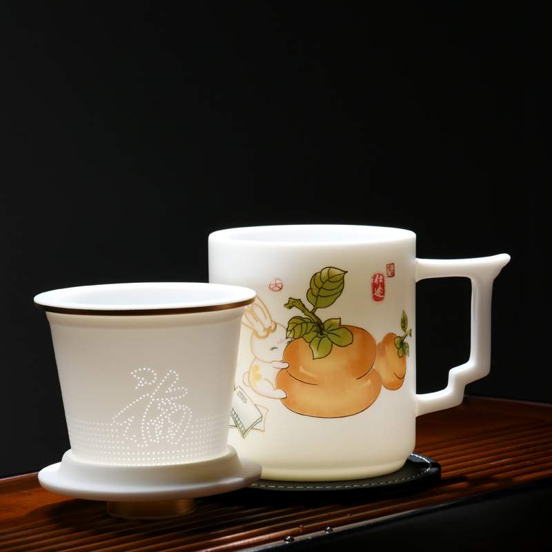 素烧羊脂玉办公杯高档白瓷茶水分离茶杯家用陶瓷个人专用杯子logo