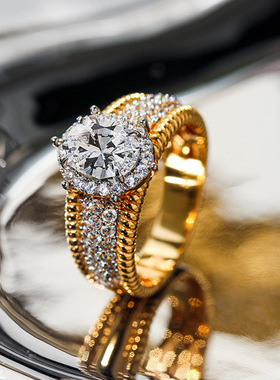 澄一S925银镀金法式轻奢1克拉椭圆高碳钻编织小众设计戒指