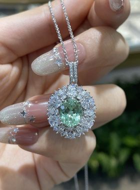 澄一珠宝S925银镀18K金椭圆形3克拉培育绿蓝宝吊坠女质感气质项链