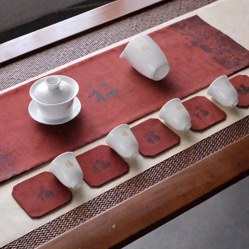 五福临门｜老料香云纱双面茶席桌垫｜干泡席茶道配件｜茶杯垫套装
