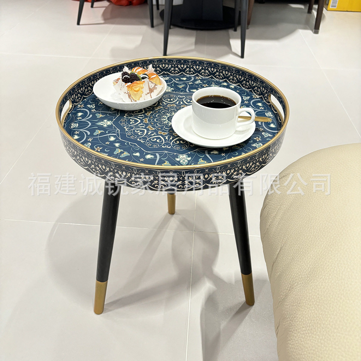 客厅边几圆形小茶桌贴花纸装饰托盘带把手可拆卸木腿沙发边咖啡桌