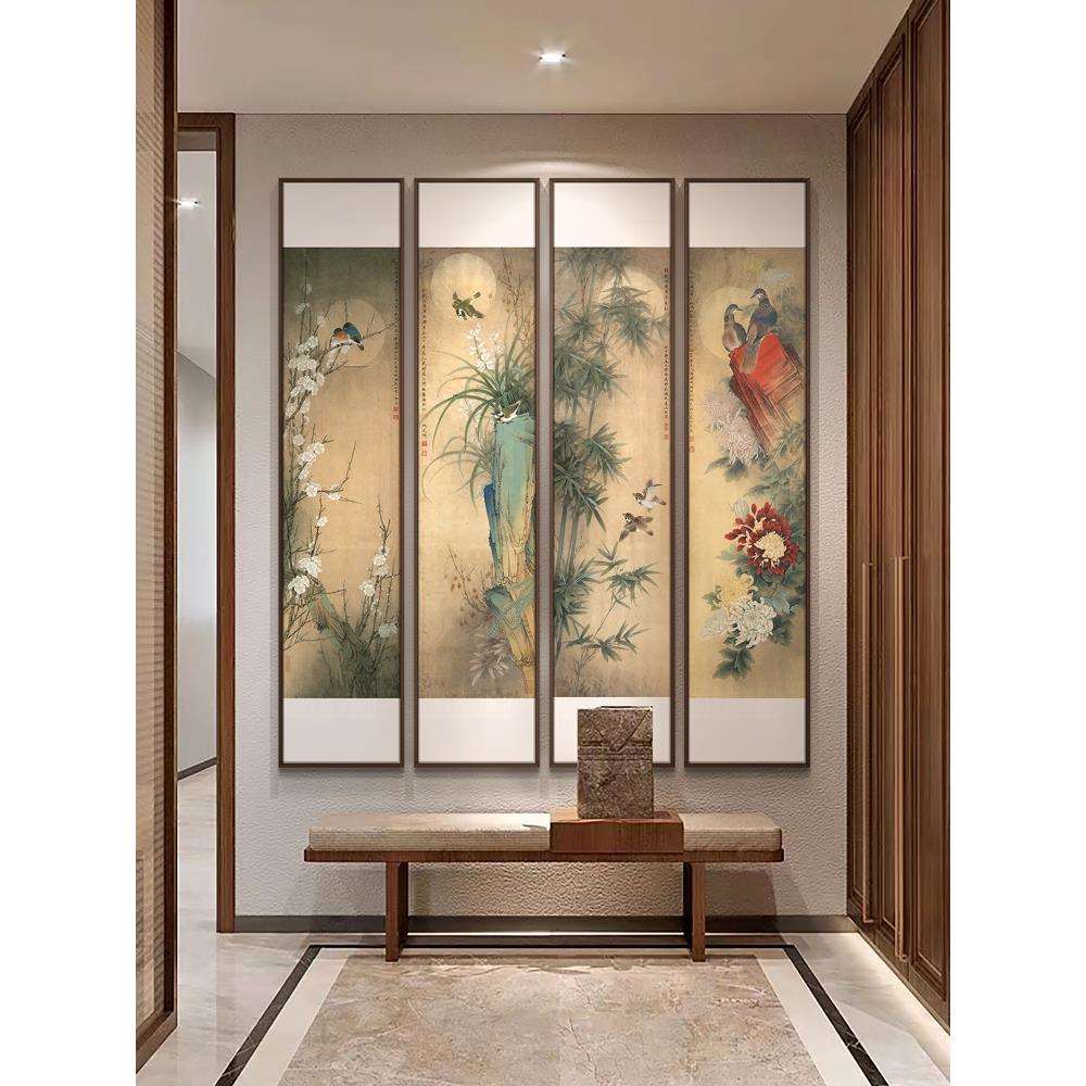 新中式四联花鸟装饰画民宿玄关客厅墙面艺术挂画营造雅致家居氛围