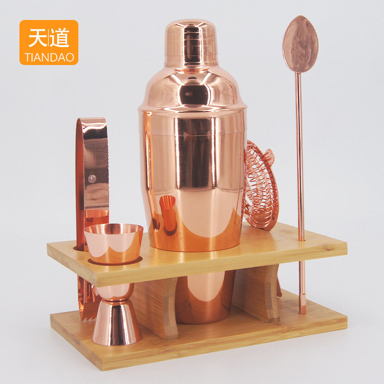 批发不锈钢三段式调酒器套装 700ml雪克杯调酒套装竹子木架底座