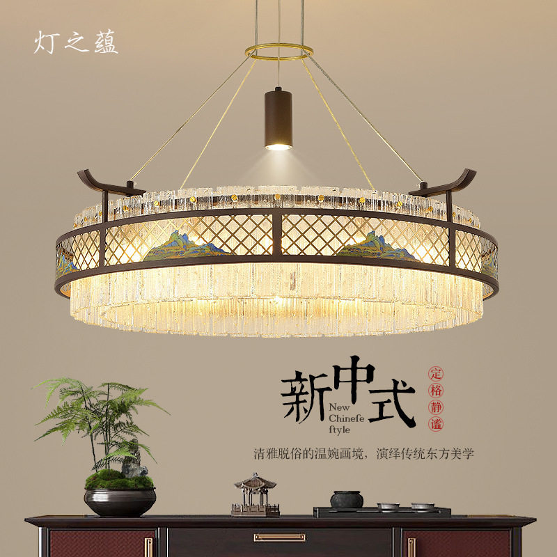新中式客厅吊灯大气圆形LED餐厅酒楼饭店包房吊灯酒店宴会厅吊灯