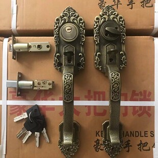 整套按压式青古铜大把手双活门锁 罗普斯金门老式大拉手拇指按钮