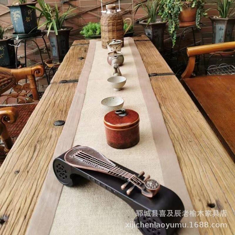 定制老榆木方桌实木茶桌旧门板桌实木复古桌围炉桌长条凳厂家