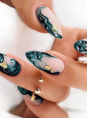 24Pcs/box Pink Almond False Nails Shiny Golden Ripples