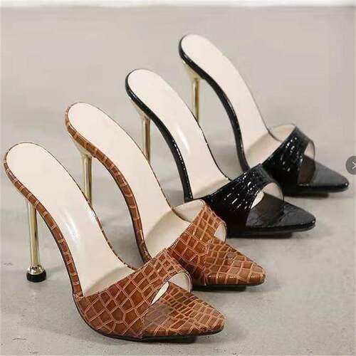 Women Slippers Snake Print Strappy Mule High Heels Slippers