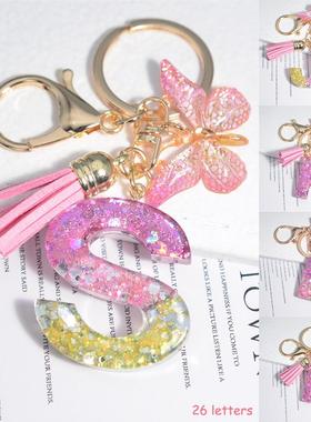 Cute Resin A-Z Initials Letter Keychain Pink Sparkle Butterf