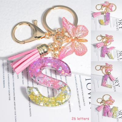 Cute Resin A-Z Initials Letter Keychain Pink Sparkle Butterf