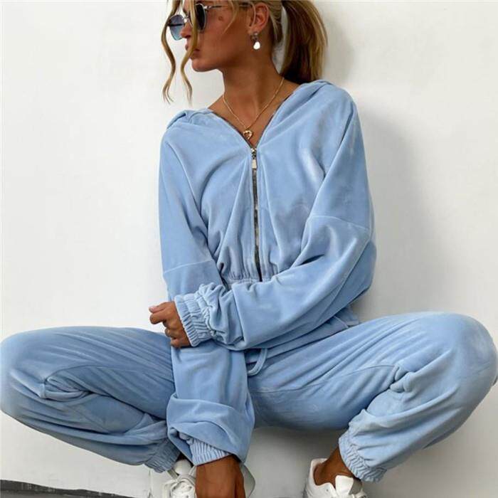 欧美时尚上衣长裤休闲运动服套装女 Hoodie Pants Tracksuit Set