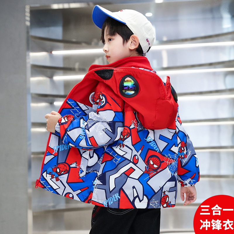 春秋新款2023童装儿童冲锋衣三合一外套宝宝蜘蛛人衣服男孩洋派潮