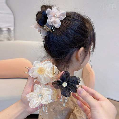 好物吊坠花朵抓夹女欧根纱甜美可流苏发夹头饰後脑勺丸子盘头发神
