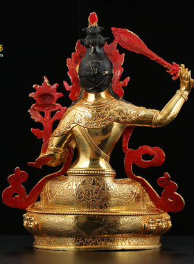 黄铜文殊菩萨佛像 西藏密宗神佛像摆件仿尼泊尔手工全鎏金雕花1尺