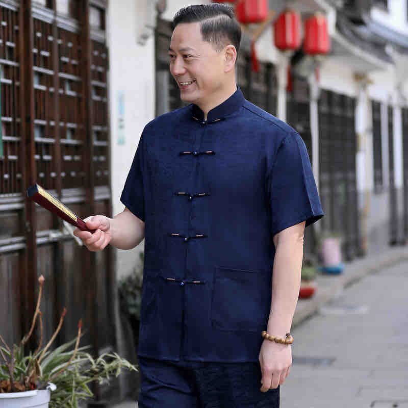 爸爸夏装唐装男短袖冰丝薄款爷爷唐装