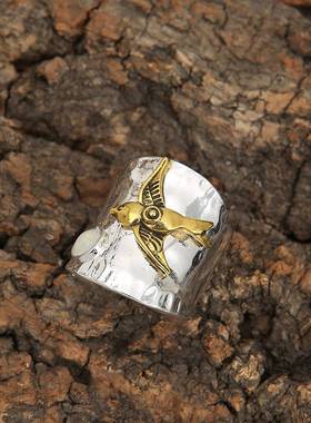 好货-Simple retro gem two-color bird ring retro ring hand je