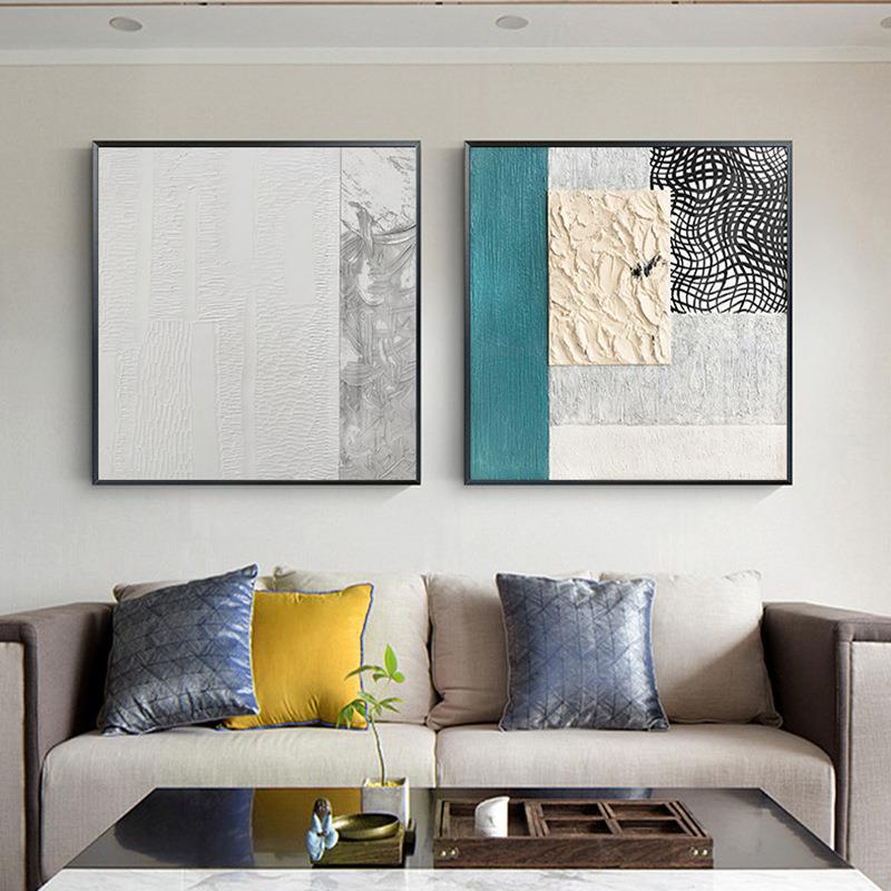 新中式风格几何图案客厅方形装饰画书房中国风黑白铝合金两联画图片
