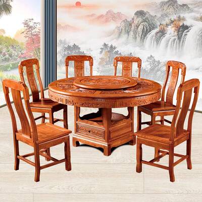 全实木中式仿古雕花格木大圆桌花梨木古典餐桌椅圆形带转盘饭桌子