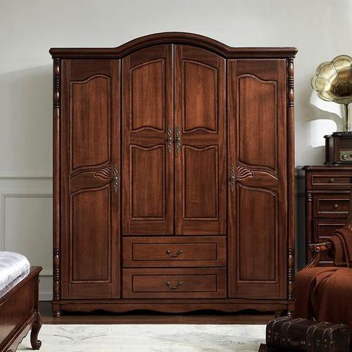 美式实木四门衣柜复古主卧室桃花心木对开门挂衣柜平开门乡村衣橱