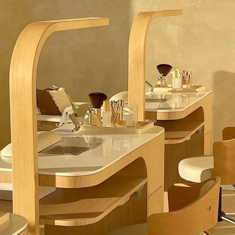 现代日式美甲桌子单人双人三人实木烤漆台凹槽吸尘器简约木色桌柜