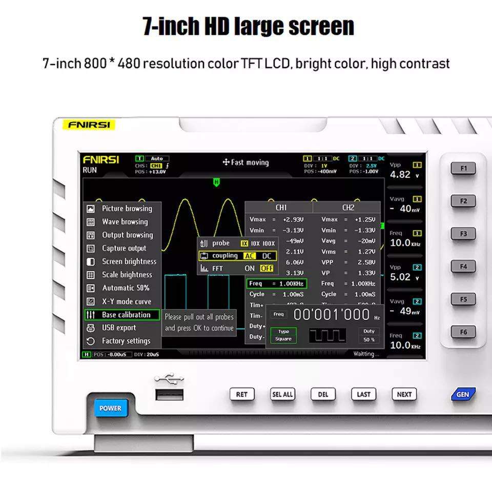 FNIRSI-1014D双通道数字存储示波器 100MHz带宽 信号发生器二合一