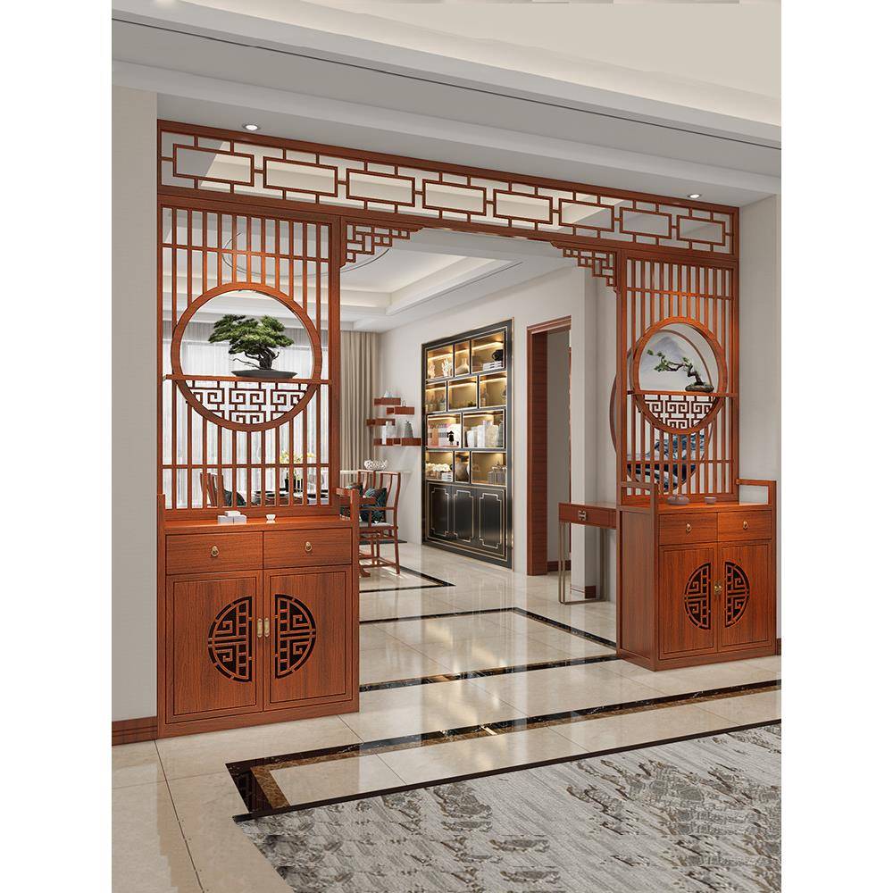 新中式实木屏风隔断客厅入户玄关柜遮挡装饰镂空月亮门博古架层架