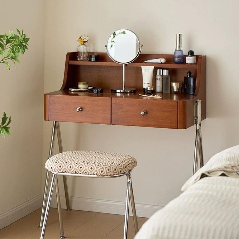 北欧实木梳妆台中古原木卧室化妆桌法式复古小户型储物日式化妆台