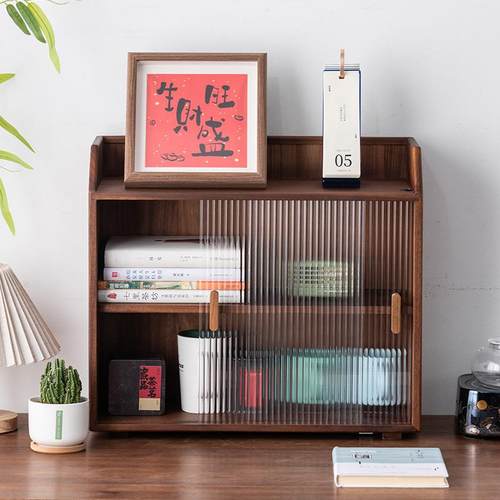 家用置物架核桃木收纳箱LED灯茶具配件桌面防尘柜办公文具储物柜