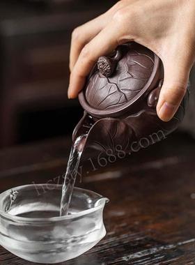 宜兴原矿紫砂手抓壶不烫手仿生荷叶莲子泡茶壶茶具快客杯雕塑