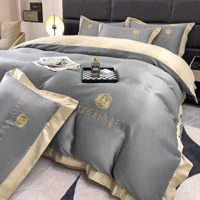 100S夏季刺绣天丝四件套轻奢高级感裸睡冰丝床单真丝被套床上用品