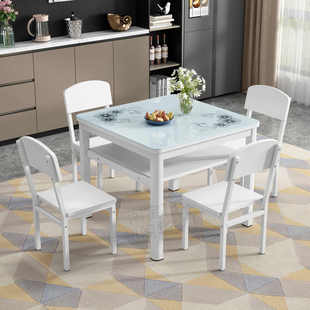 双层四方桌家用小桌子 正方形餐桌椅组合小户型钢化玻璃吃饭桌时尚