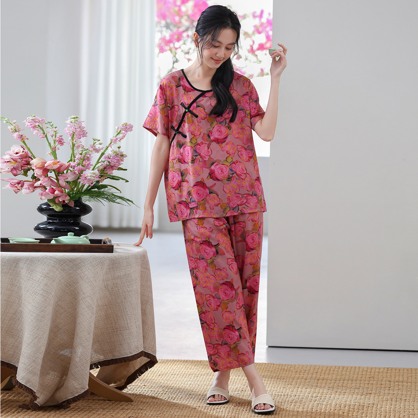 新中式夏季宽松短袖长裤睡衣套装舒适家居服可外穿两件套空调服