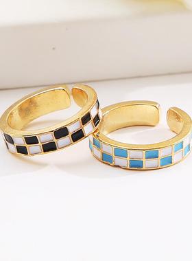 新品Blue ring girl rings 蓝色棋盘格子滴釉戒指女开口戒可调节