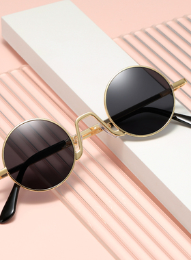 新款圆形太阳眼镜复古潮男嘻哈婚礼伴郎抖音太阳眼镜女港风古典太