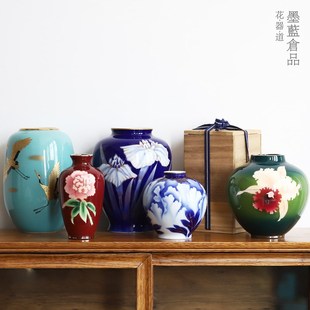 日本回流七宝烧旧物瓷器 九谷烧彩绘花瓶 香兰社老物件摆件装饰