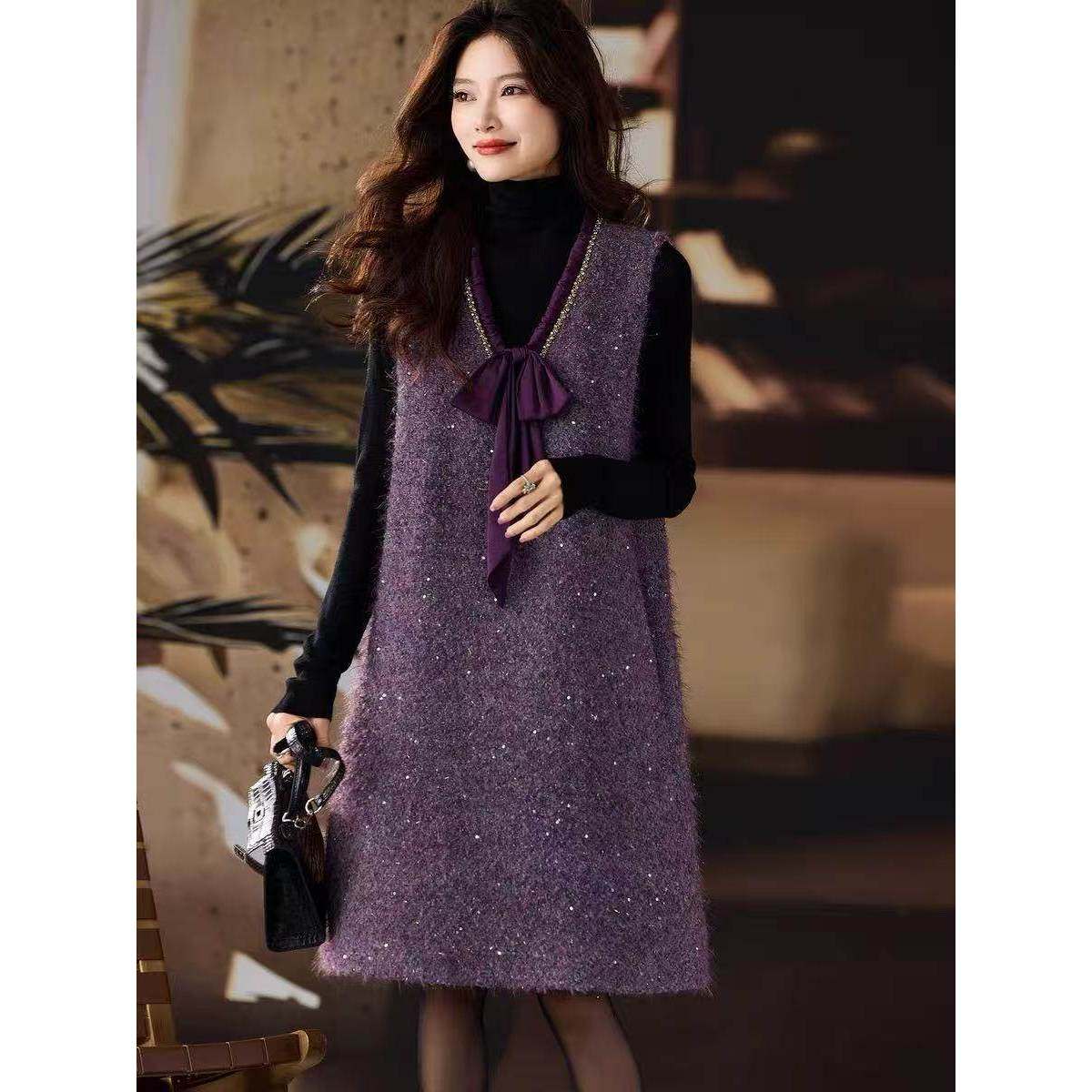 2025秋冬新款小个子蝴蝶结V领中长款气质小香风背心裙QD15030,女装/女士精品,连衣裙,淘宝优惠券,粉丝福利购,淘宝优惠卷