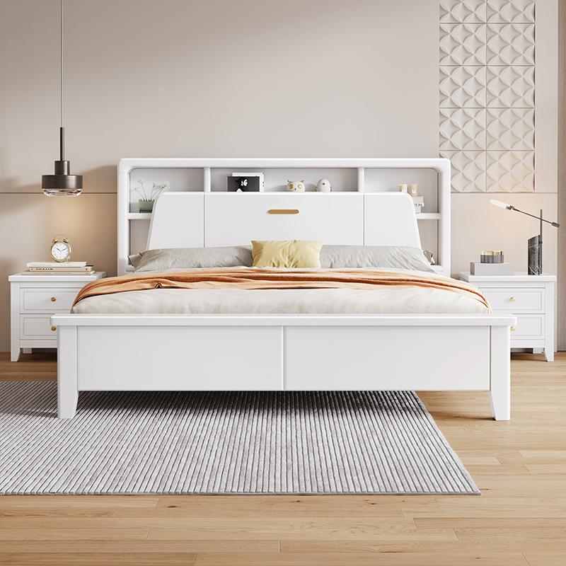 奶油风白色全实木床1.8米单双人床现代简约主卧1.5m带灯储物婚床