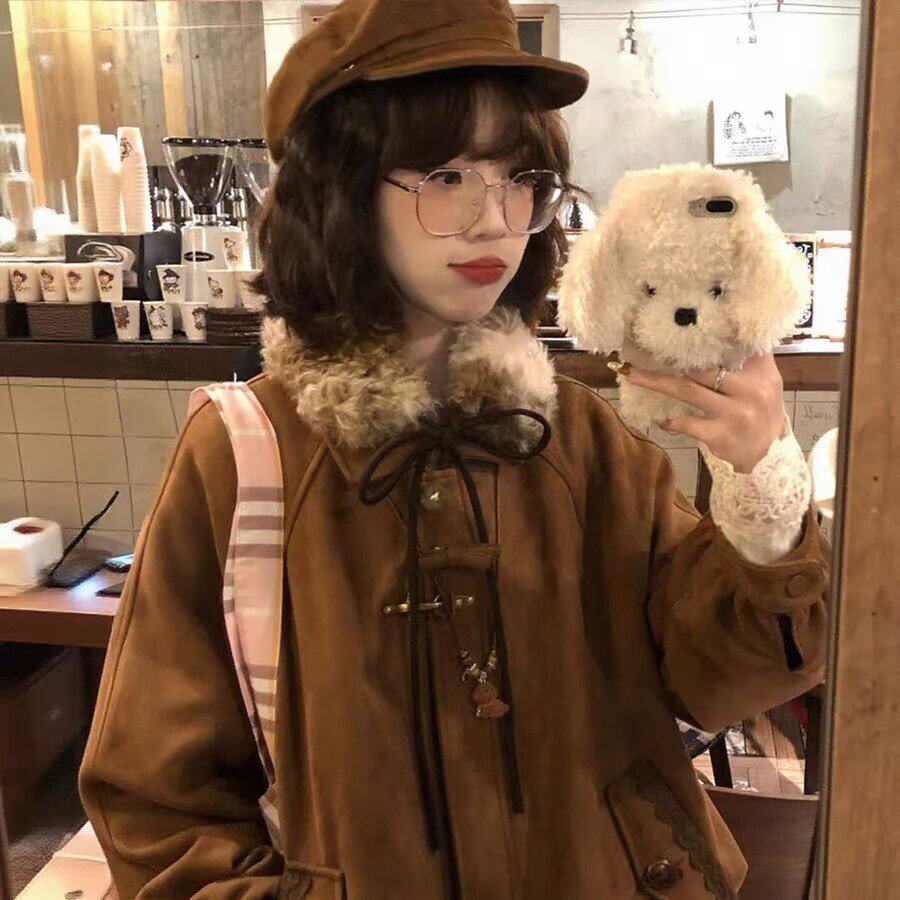 蝴蝶结毛领2026冬新款羽绒棉服女夹棉保暖复古学院风宽松花苞外套