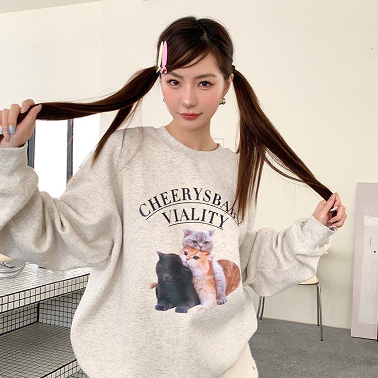 实拍2026秋季新款猫咪印花国潮情侣宽松上衣潮牌男女加绒圆领卫衣