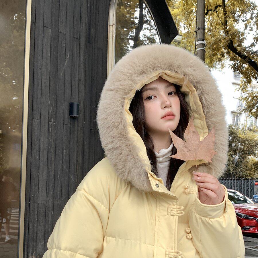 奶黄色羽绒棉服女中长款2026新款冬季赫本风棉衣时尚盘扣棉袄外套
