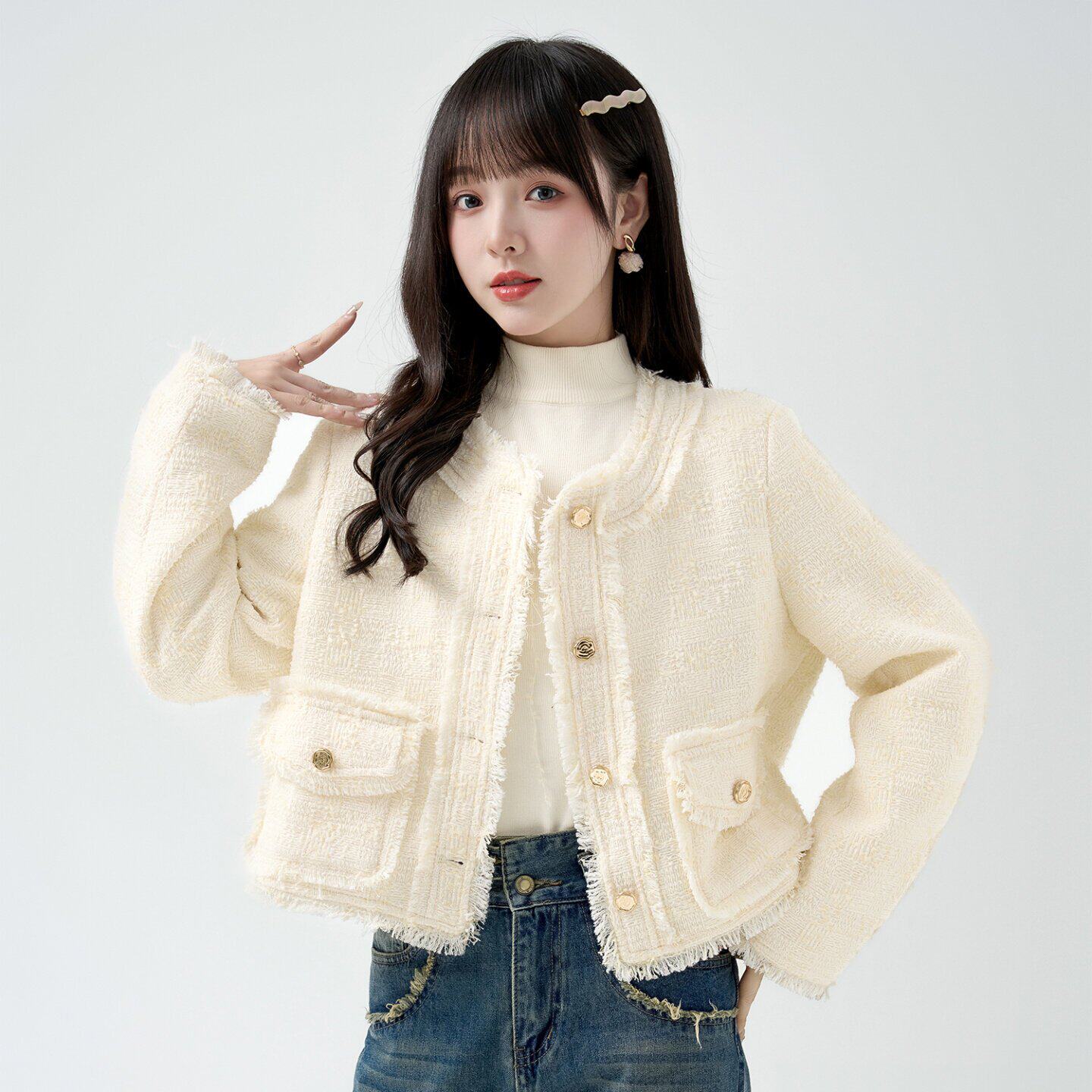 2026春季新款小香风粗毛呢短外套女宽松设计感气质流苏上衣