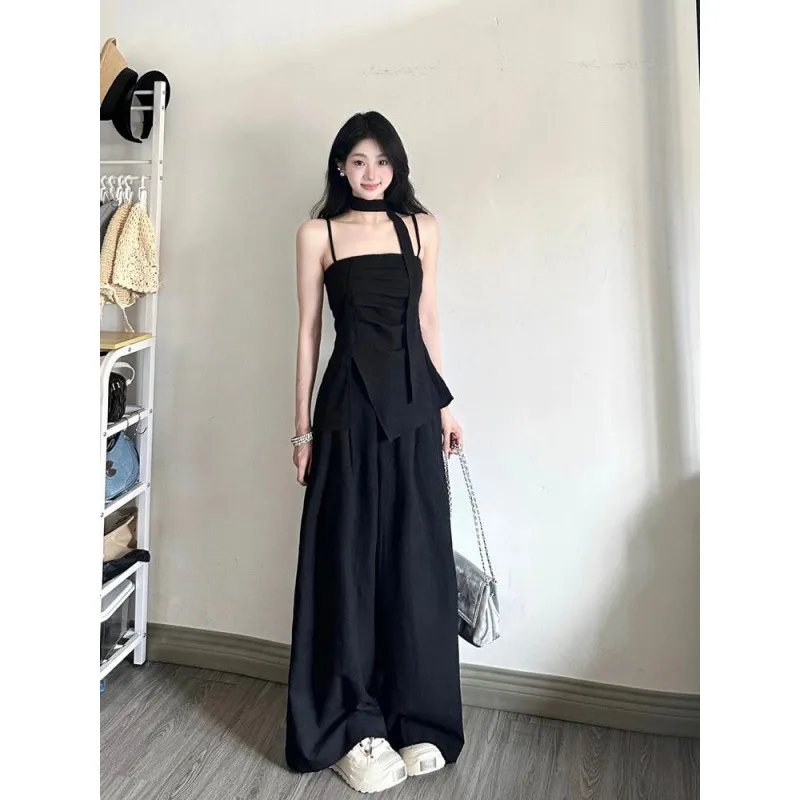 韩系高级感套装女夏季小众开叉抹胸吊带背心宽松垂感阔腿裤两件套